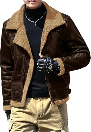Fleece Lined Leather Jacket Men Vintage Faux Leather Suede Sherpa Coats Lapel Fur Collar Jackets Fall Winter Clothes