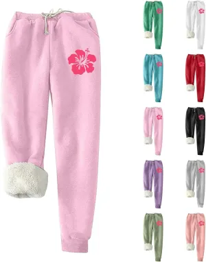 Fleece Lined Leggings Women Pink Graphic Winter Warm Sherpa Lined Sweatpants Thermal Leggings Joggers with Pockets
