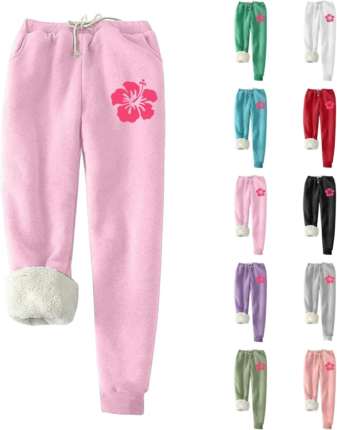 Fleece Lined Leggings Women Pink Graphic Winter Warm Sherpa Lined Sweatpants Thermal Leggings Joggers with Pockets
