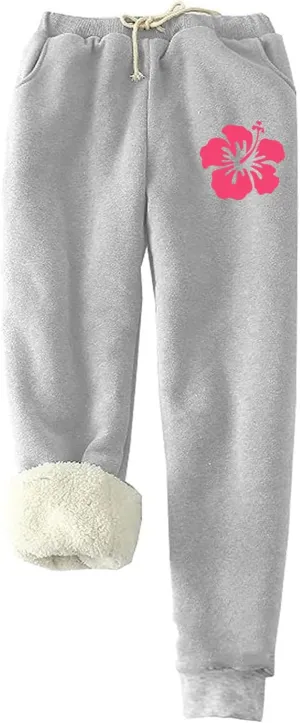 Fleece Lined Leggings Women Pink Graphic Winter Warm Sherpa Lined Sweatpants Thermal Leggings Joggers with Pockets