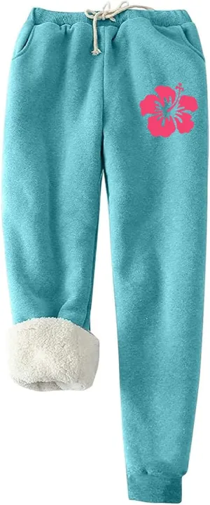 Fleece Lined Leggings Women Pink Graphic Winter Warm Sherpa Lined Sweatpants Thermal Leggings Joggers with Pockets