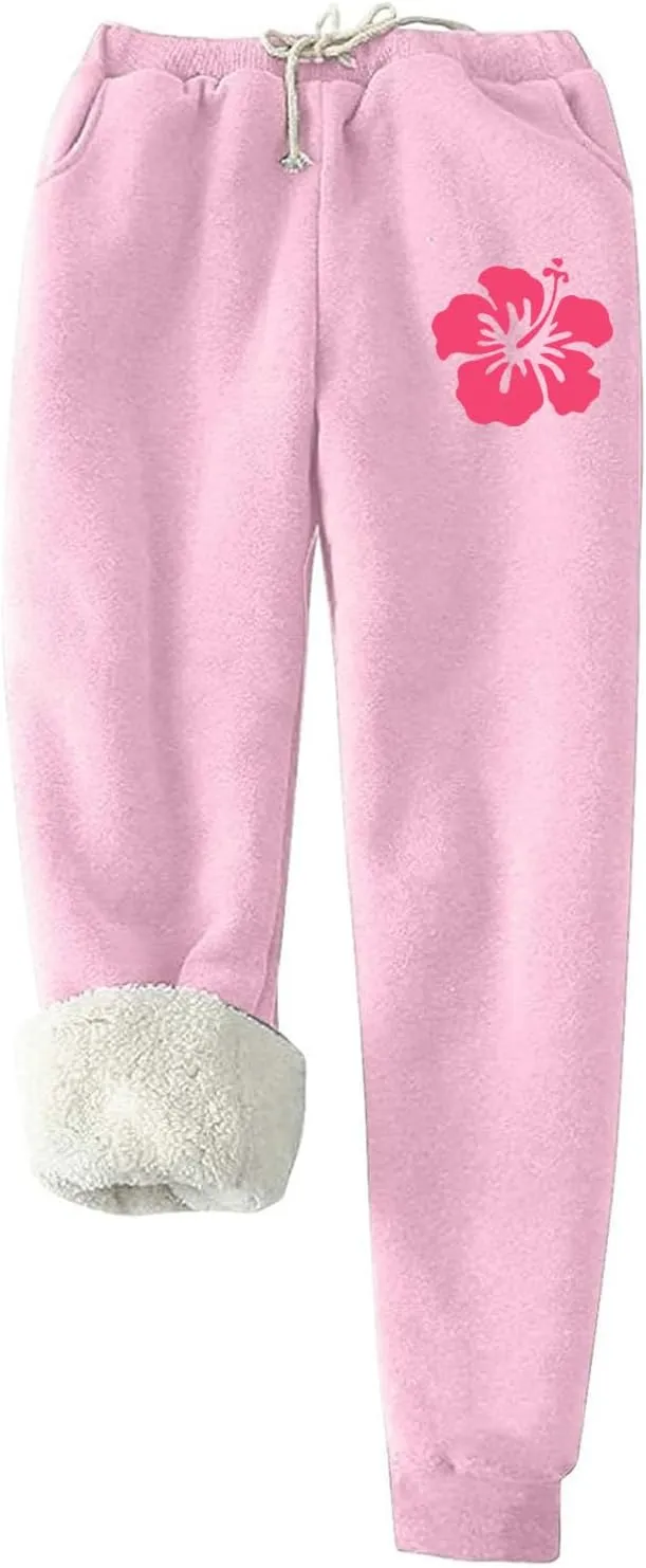 Fleece Lined Leggings Women Pink Graphic Winter Warm Sherpa Lined Sweatpants Thermal Leggings Joggers with Pockets