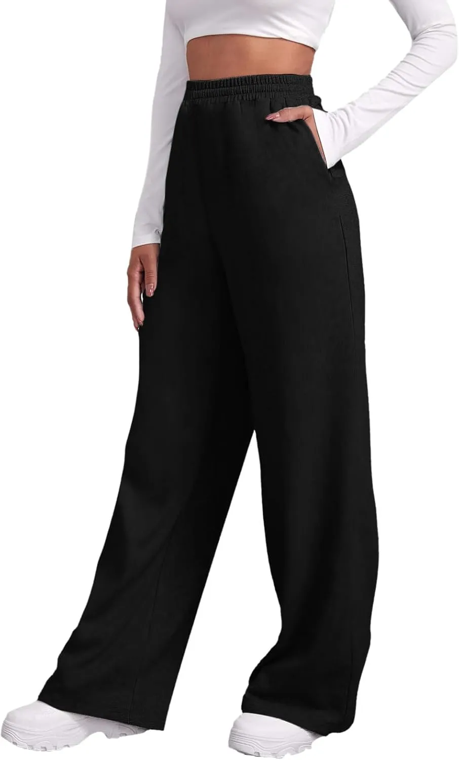 Fleece Lined Wide Leg Pants Women Straight Leg Leisure Pants Fall Outfits Baggy Athletic Joggers Pants with Pockets