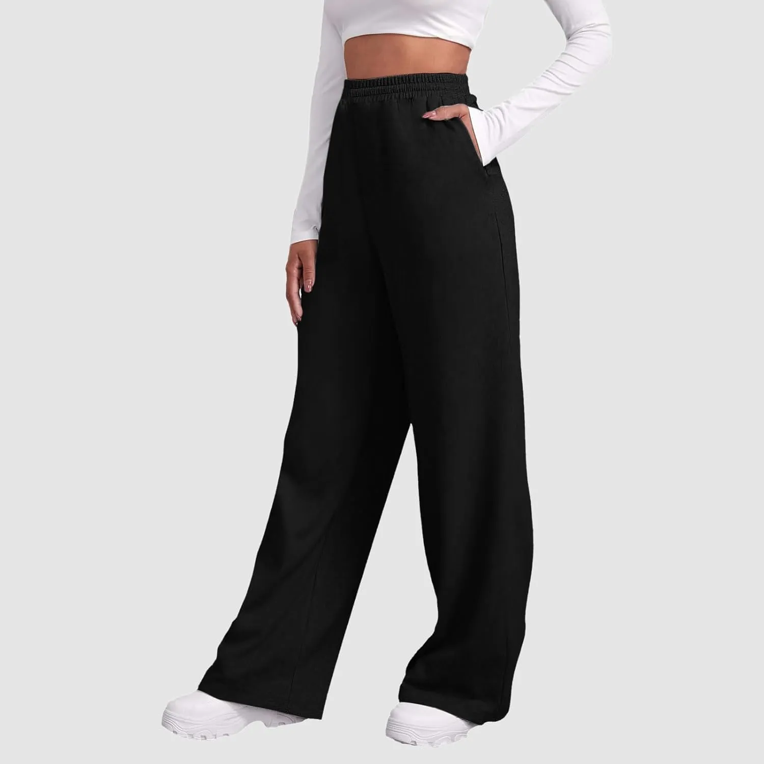 Fleece Lined Wide Leg Pants Women Straight Leg Leisure Pants Fall Outfits Baggy Athletic Joggers Pants with Pockets