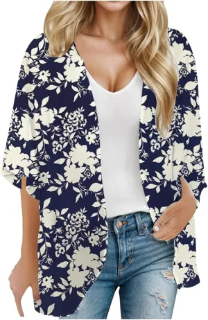 Floral Lightweight Cardigans for Women Summer Chiffion Open Front Coverup Tops Casual Beach 3/4 Sleeve Cardigan Trendy