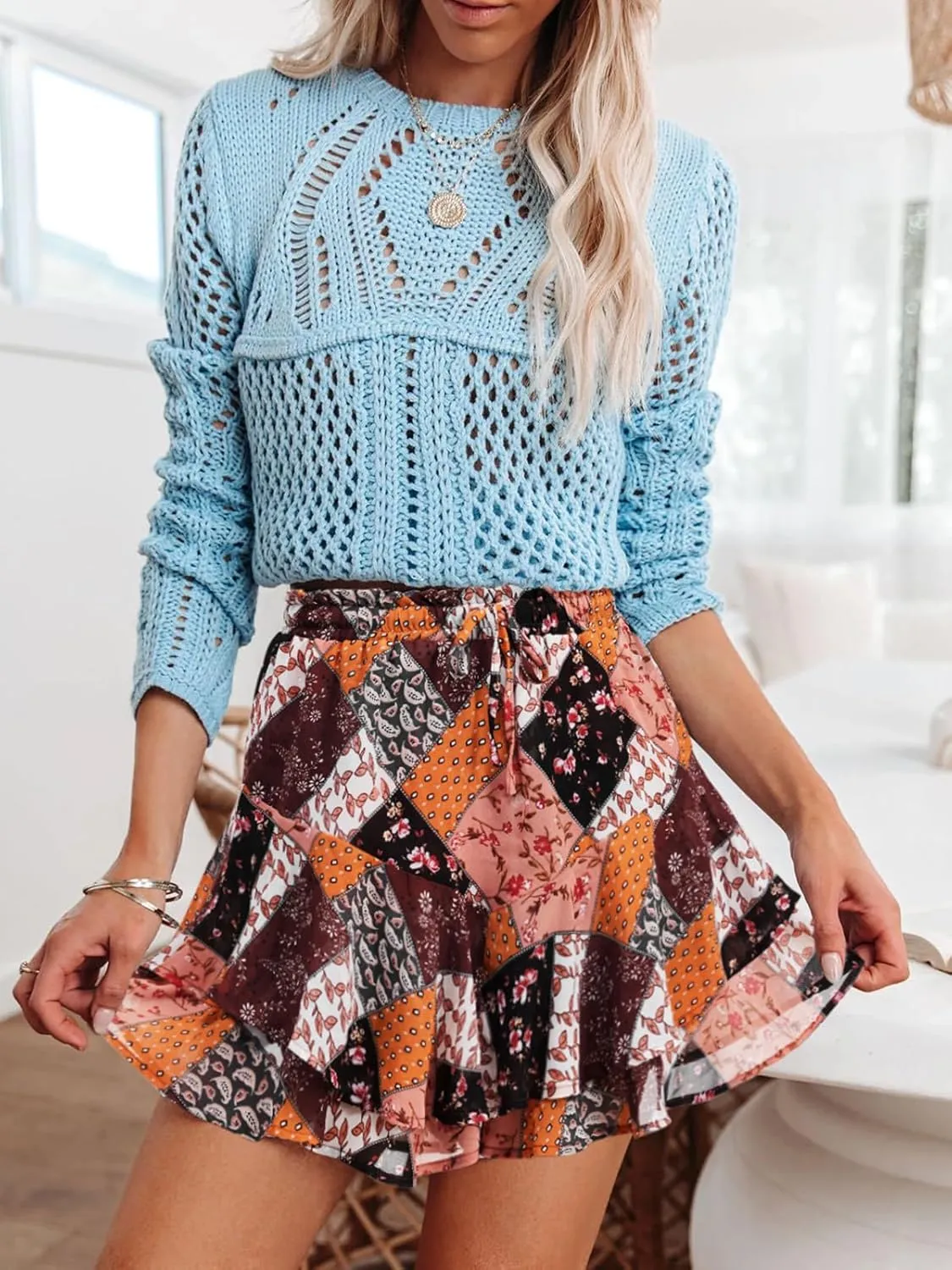 Flowy Shorts for Women Casual Cute Floral Skorts Chiffon Ruffle Tennis Mini Skirts Butterfly Summer Boho Shorts