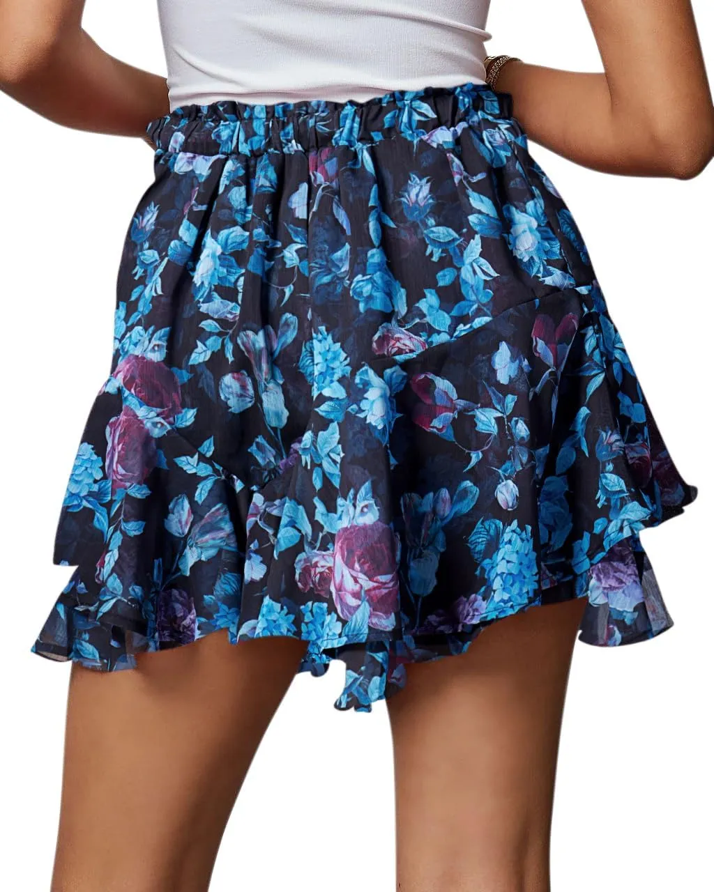 Flowy Shorts for Women Casual Cute Floral Skorts Chiffon Ruffle Tennis Mini Skirts Butterfly Summer Boho Shorts