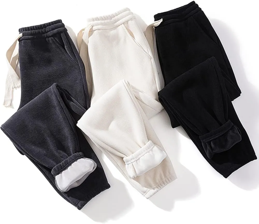 Flygo Women's Fleece Lined Sweatpants Corduroy Cinch Bottom Joggers Winter Pants