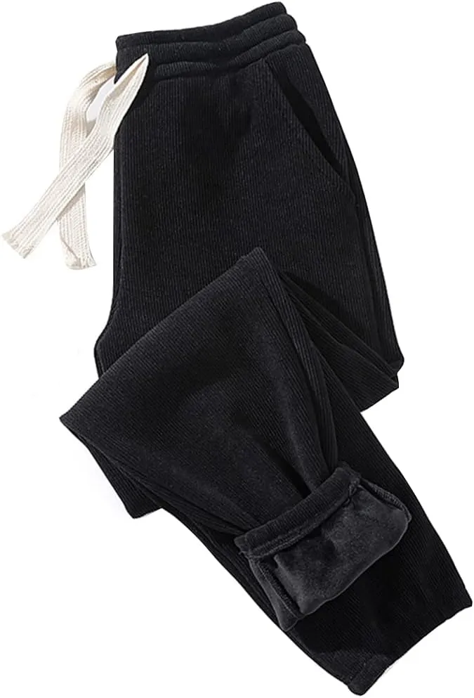 Flygo Women's Fleece Lined Sweatpants Corduroy Cinch Bottom Joggers Winter Pants