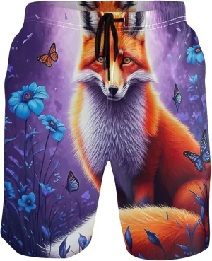 Fox Flowers Butterflies Mens Swimming Shorts Custom Men's Swim Trunks Funny Quick Dry Bathing Suit S