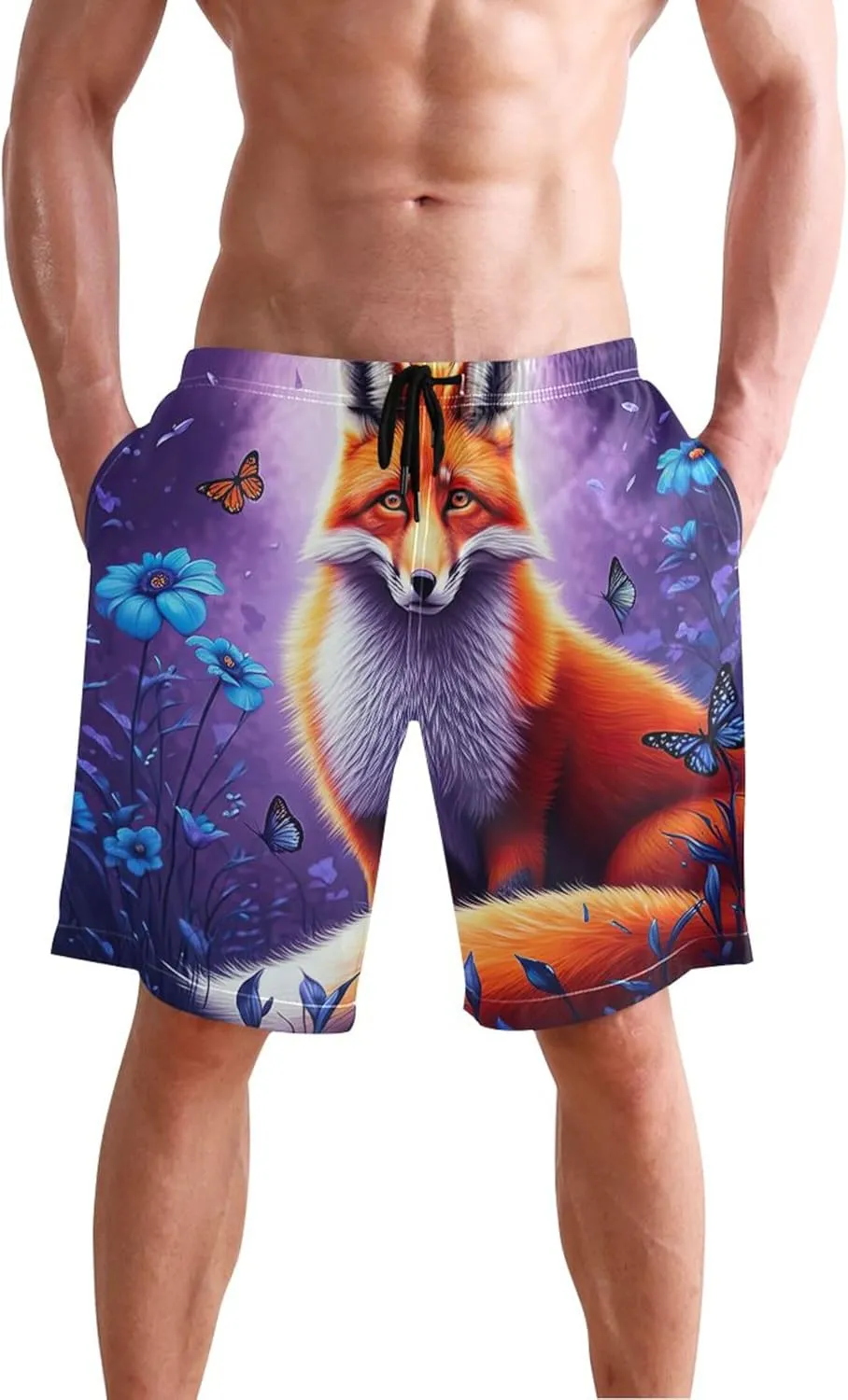 Fox Flowers Butterflies Mens Swimming Shorts Custom Men's Swim Trunks Funny Quick Dry Bathing Suit S