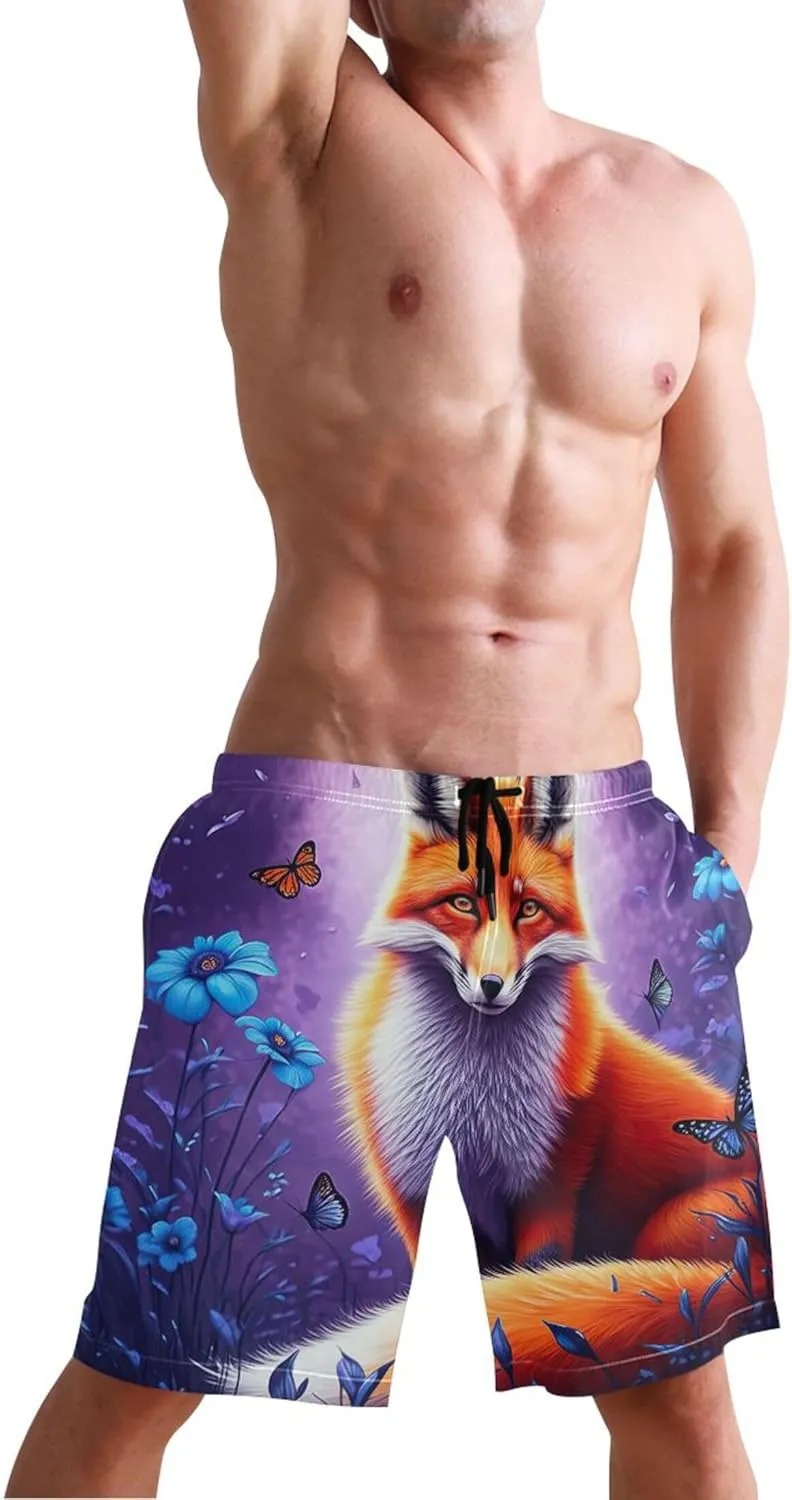 Fox Flowers Butterflies Mens Swimming Shorts Custom Men's Swim Trunks Funny Quick Dry Bathing Suit S