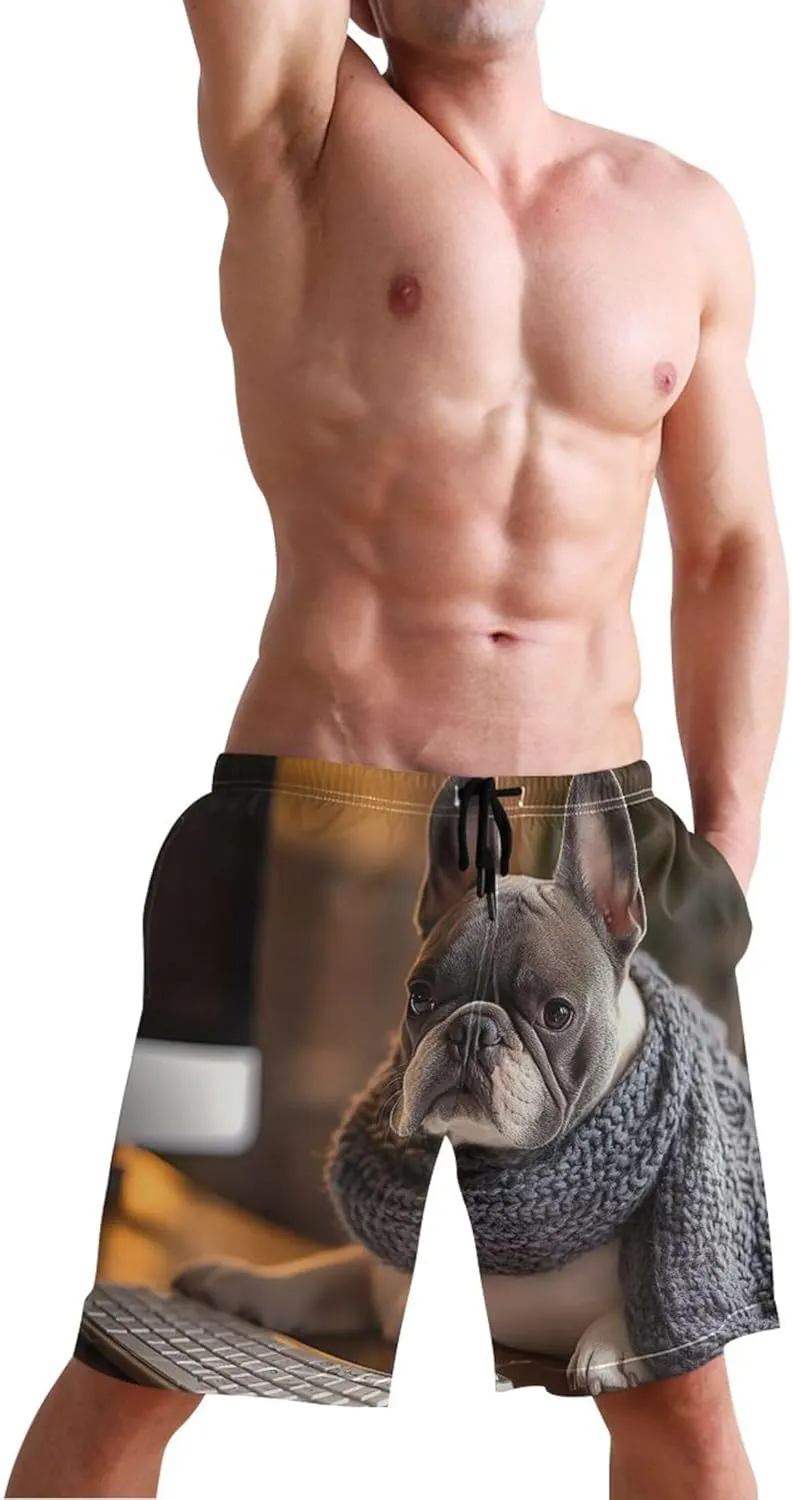 French Bulldog Work Cute Swim Trunks Men Swimwear Quick Dry Surf Beach Swimming Shorts S