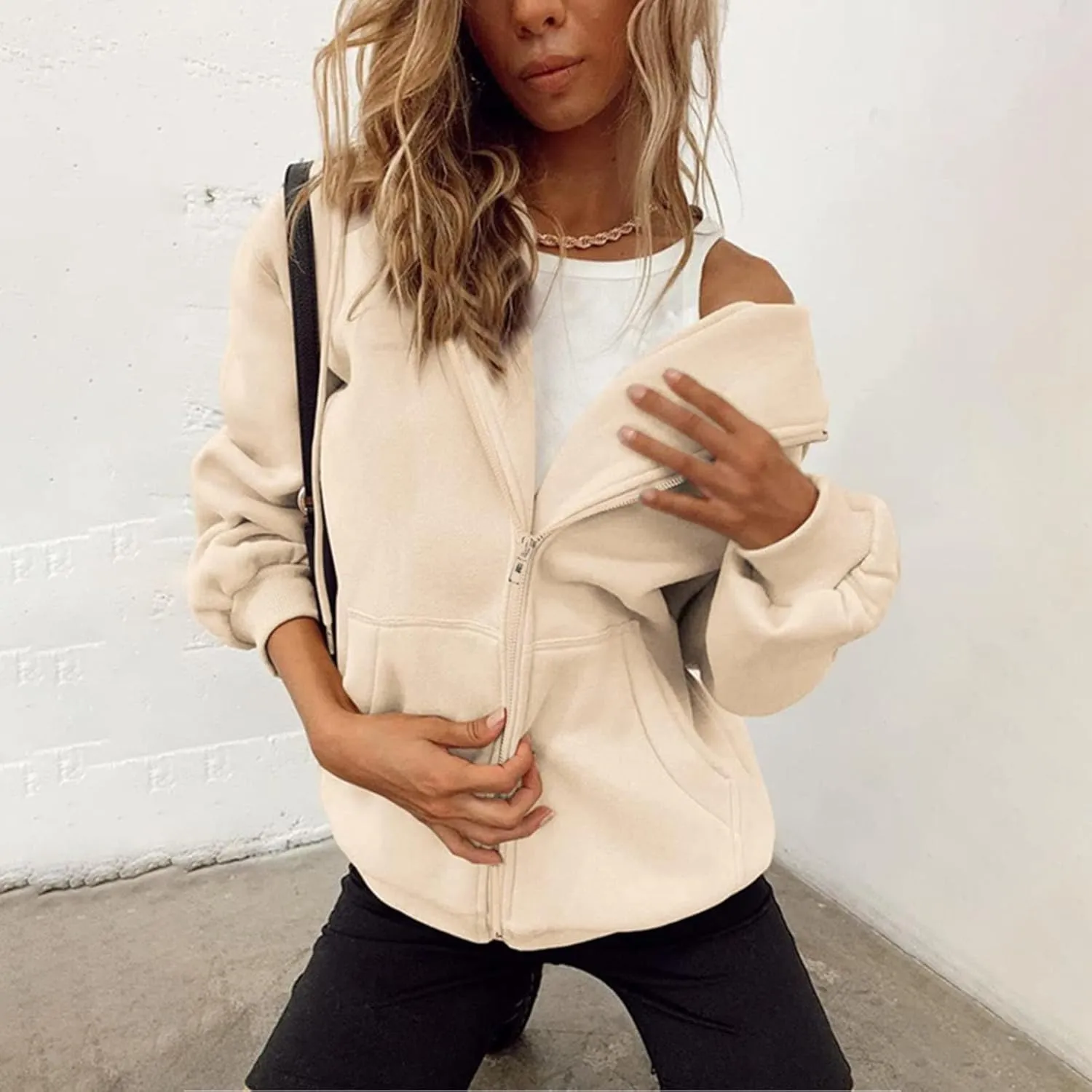 Full Zip Up Hoodie for Women Trendy 2024 Oversized Fleece Lightweight Sweatshirt Jacket Fall Preppy Teen Girls Outfit