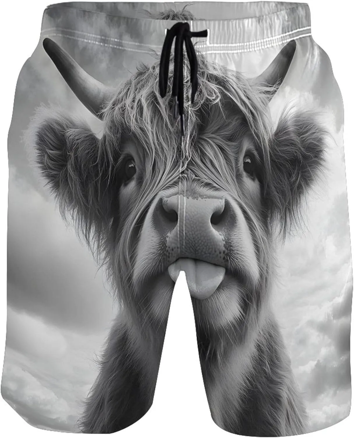 Funny Black White Highland Cow Swimming Shorts Beach Cute Swim Trunks Men Hawaiian Bathing Suits Swimwear S