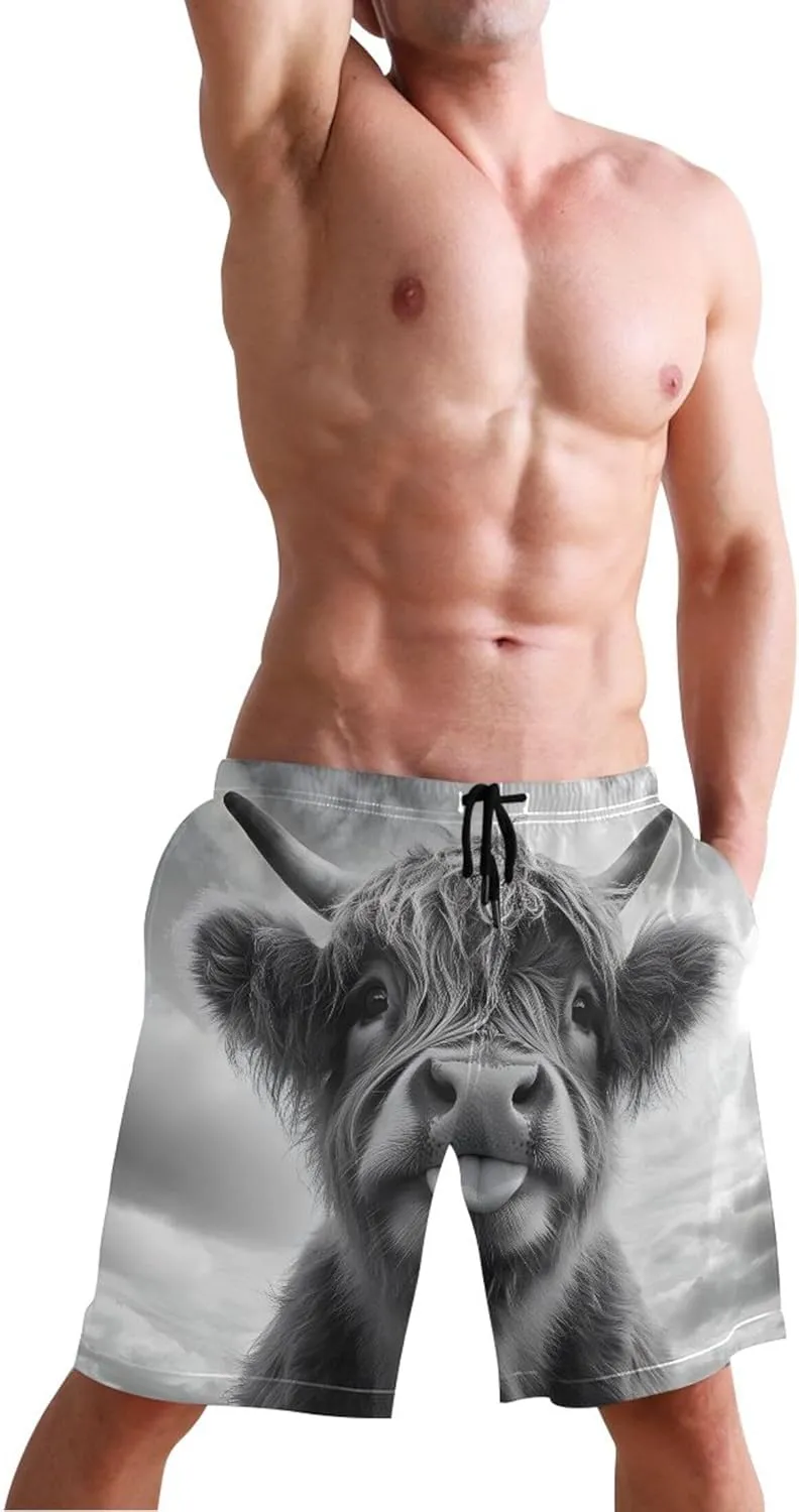 Funny Black White Highland Cow Swimming Shorts Beach Cute Swim Trunks Men Hawaiian Bathing Suits Swimwear S
