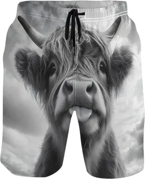 Funny Black White Highland Cow Swimming Shorts Beach Cute Swim Trunks Men Hawaiian Bathing Suits Swimwear S