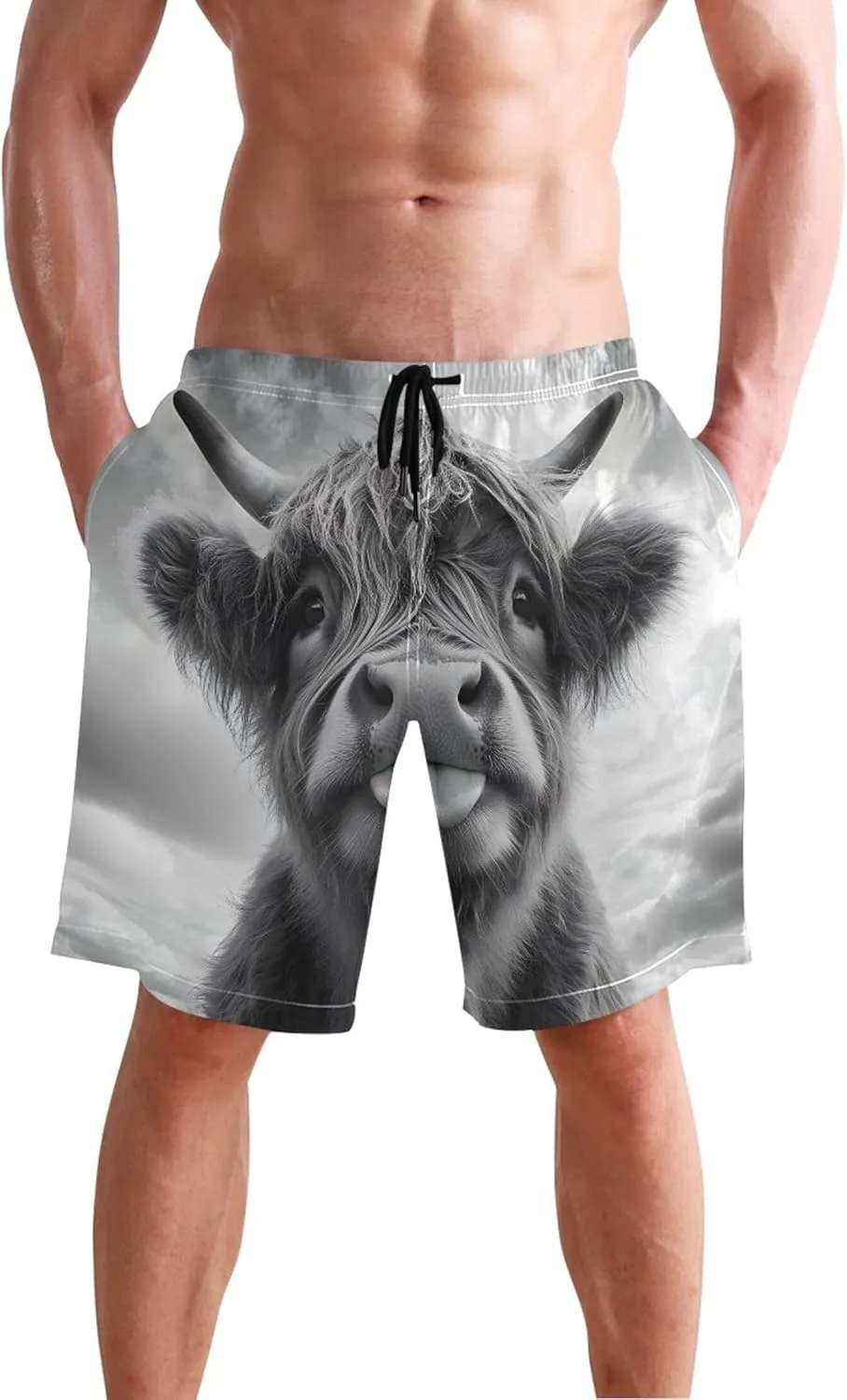 Funny Black White Highland Cow Swimming Shorts Beach Cute Swim Trunks Men Hawaiian Bathing Suits Swimwear S