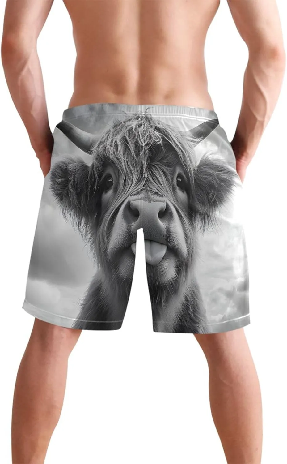 Funny Black White Highland Cow Swimming Shorts Beach Cute Swim Trunks Men Hawaiian Bathing Suits Swimwear S