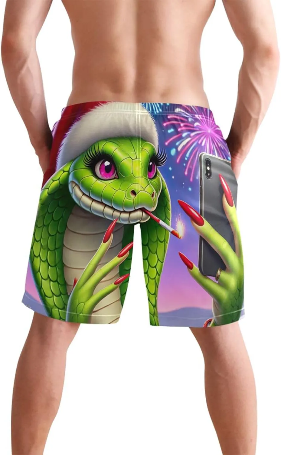 Funny Christmas Snake Selfie Men Swim Trunks Funny Bathing Suits Swimwear Surf Swimming Shorts Beach S