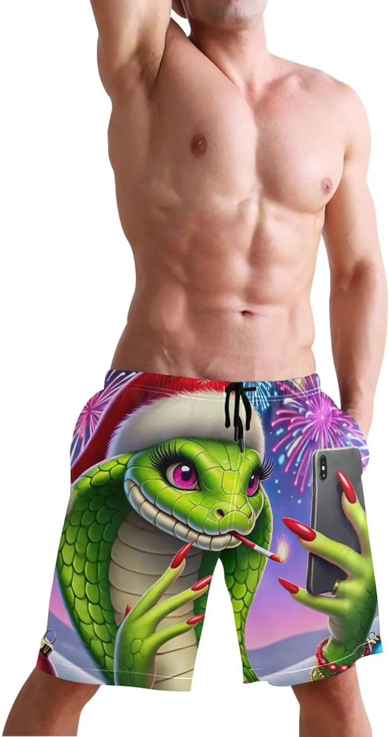 Funny Christmas Snake Selfie Men Swim Trunks Funny Bathing Suits Swimwear Surf Swimming Shorts Beach S