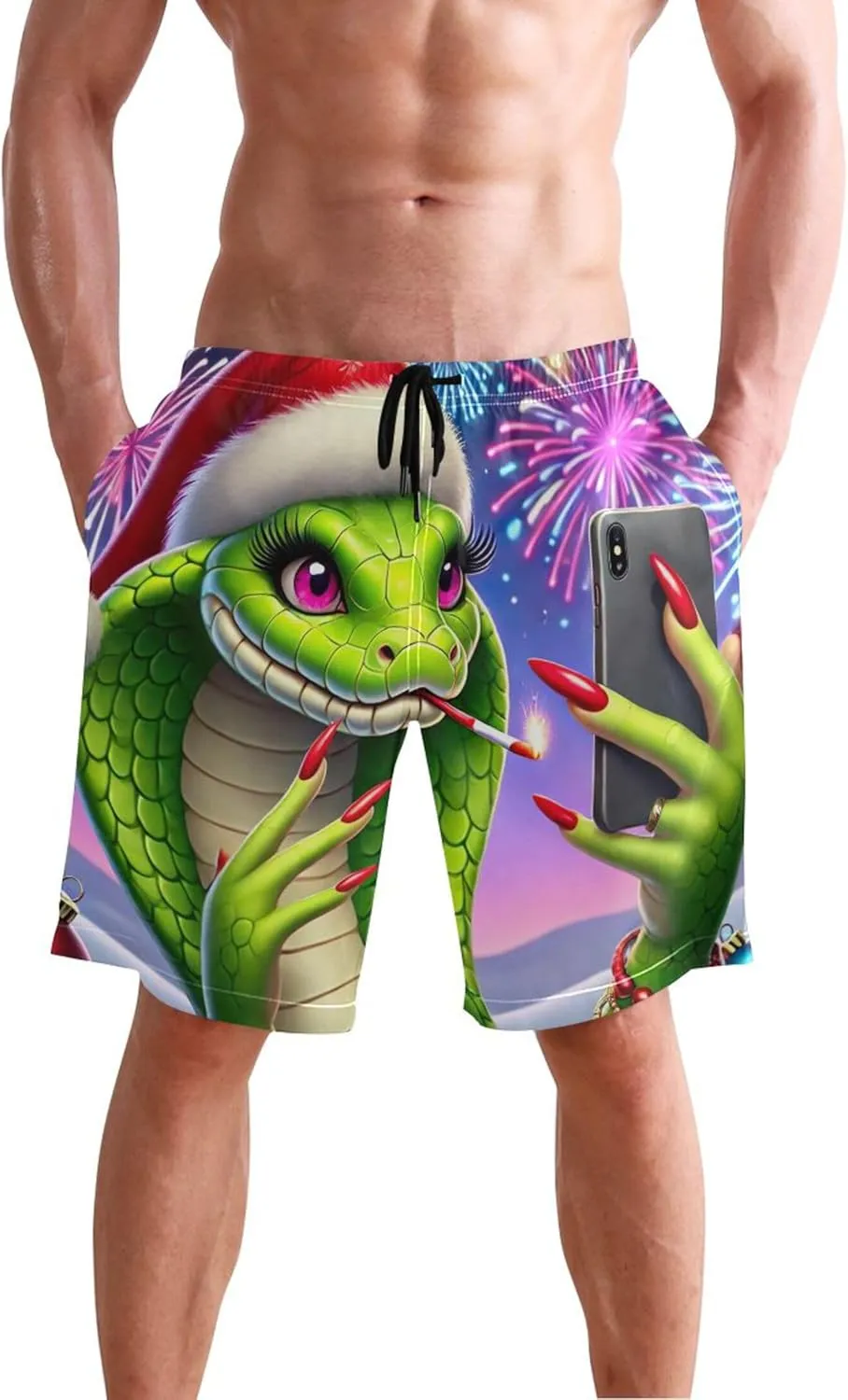 Funny Christmas Snake Selfie Men Swim Trunks Funny Bathing Suits Swimwear Surf Swimming Shorts Beach S