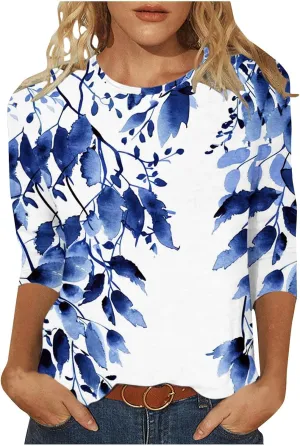 Funny Floral Printed T Shirts for Women 3/4 Length Sleeve Summer Tops Crewneck Three Quarters Tunic Tees