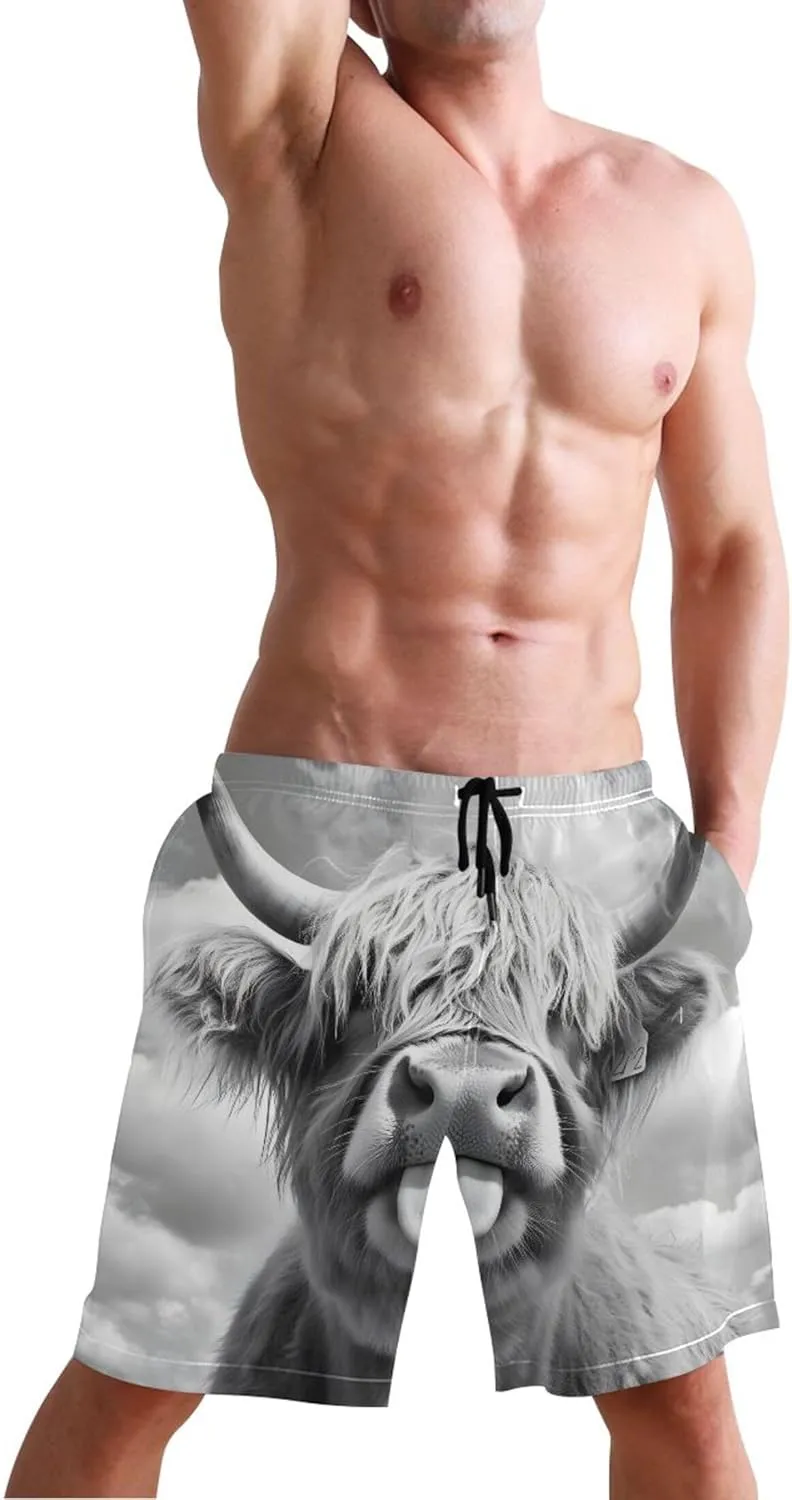 Funny Highland Cow Gray Cute Swim Trunks Men Board Swimming Shorts Vacation Bathing Suit with Liner S
