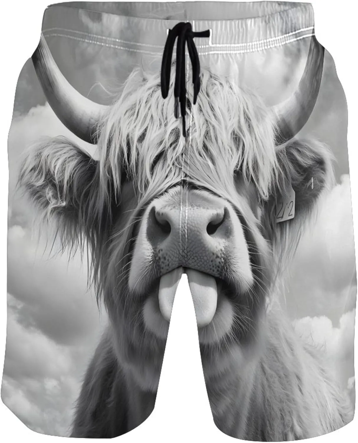 Funny Highland Cow Gray Cute Swim Trunks Men Board Swimming Shorts Vacation Bathing Suit with Liner S