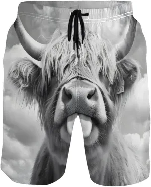 Funny Highland Cow Gray Cute Swim Trunks Men Board Swimming Shorts Vacation Bathing Suit with Liner S