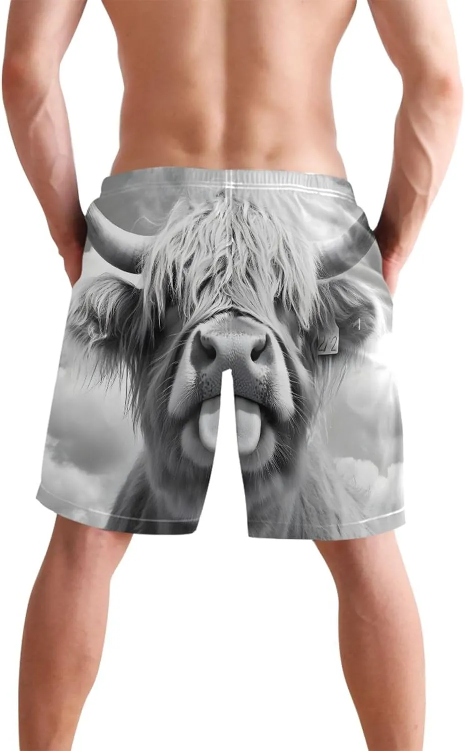 Funny Highland Cow Gray Cute Swim Trunks Men Board Swimming Shorts Vacation Bathing Suit with Liner S