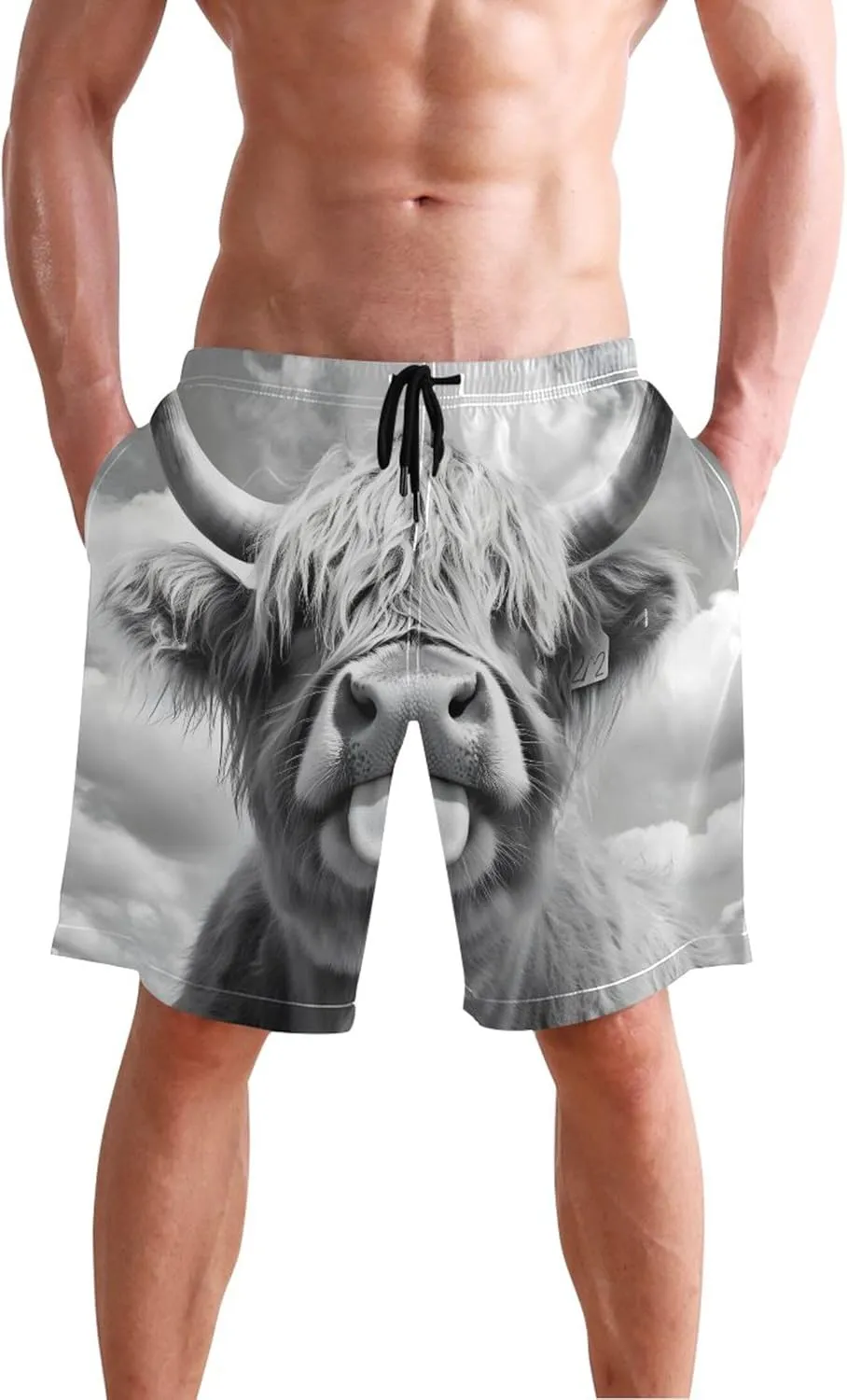 Funny Highland Cow Gray Cute Swim Trunks Men Board Swimming Shorts Vacation Bathing Suit with Liner S