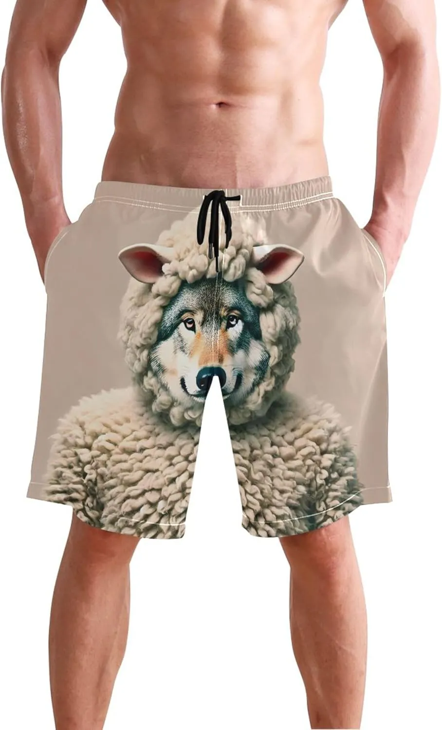 Funny Wolf Sheep Disguise Swim Trunks for Men Quick Dry Elastic Shorts Surf Beach Swimming Shorts S