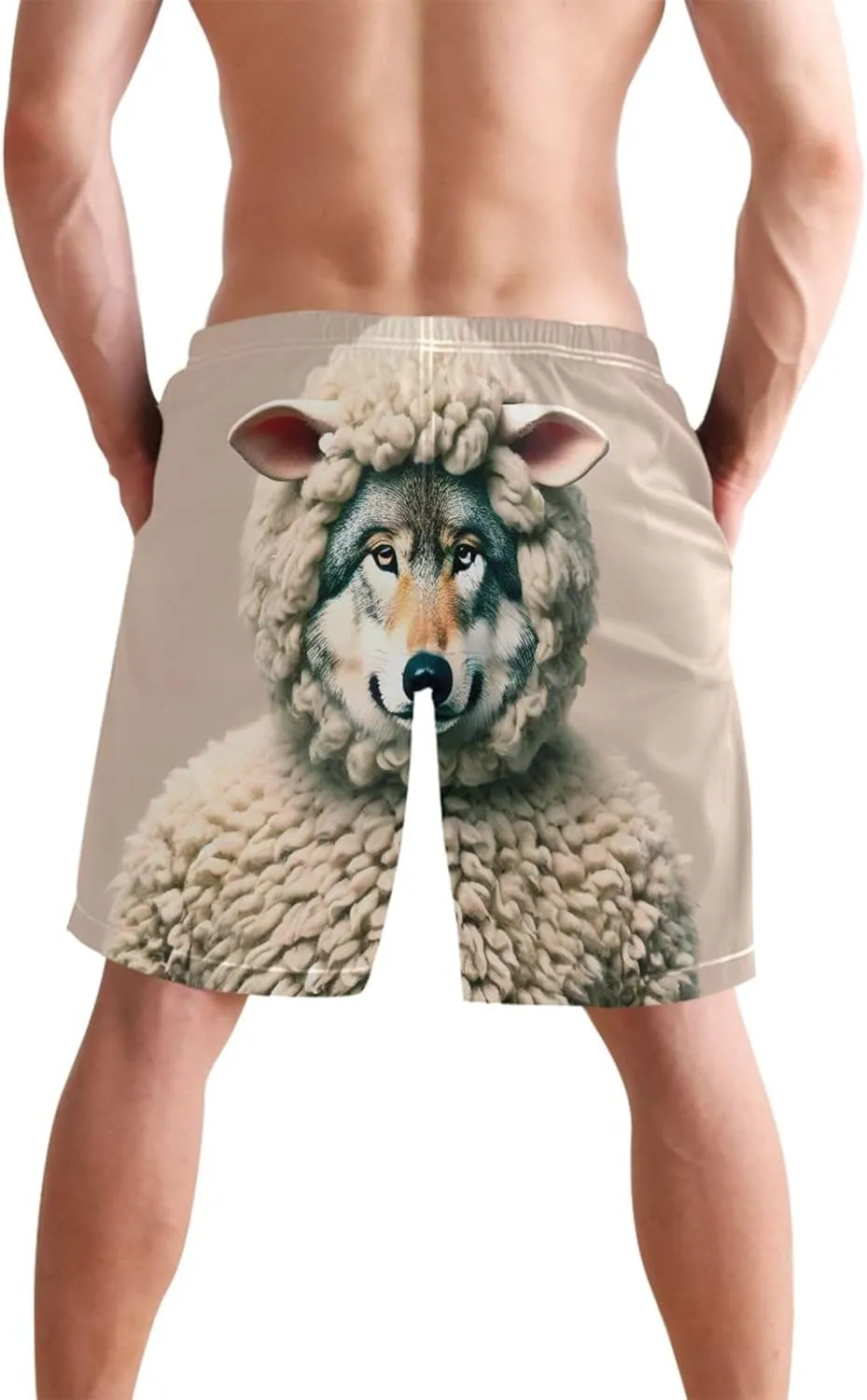 Funny Wolf Sheep Disguise Swim Trunks for Men Quick Dry Elastic Shorts Surf Beach Swimming Shorts S