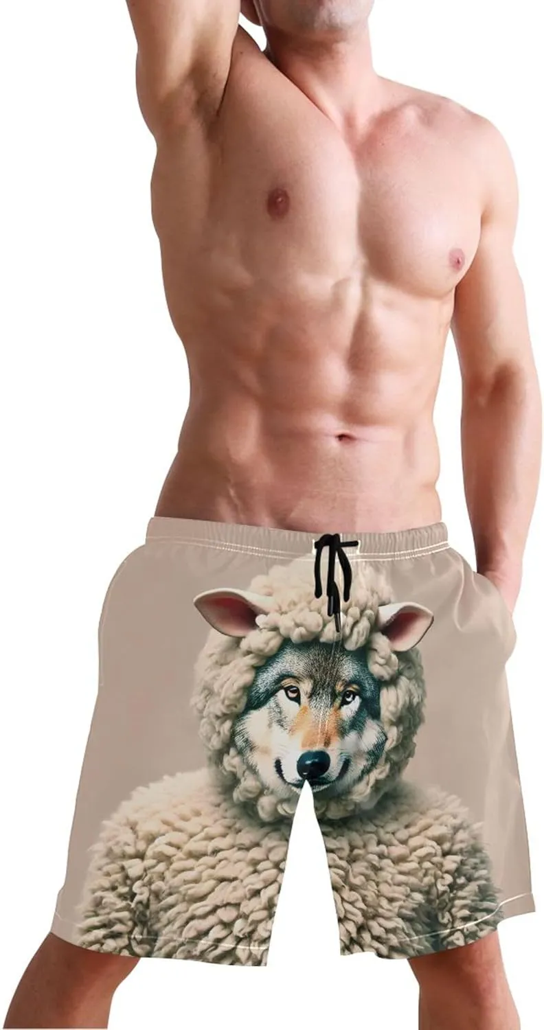 Funny Wolf Sheep Disguise Swim Trunks for Men Quick Dry Elastic Shorts Surf Beach Swimming Shorts S