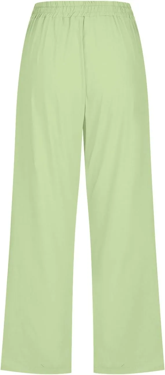 FZYLQY Capri Pants for Women Casual 2025 Summer Drawstring Elastic High Waist Linen Pants Straight Wide Leg Cropped Trousers