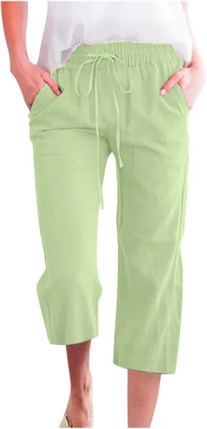 FZYLQY Capri Pants for Women Casual 2025 Summer Drawstring Elastic High Waist Linen Pants Straight Wide Leg Cropped Trousers