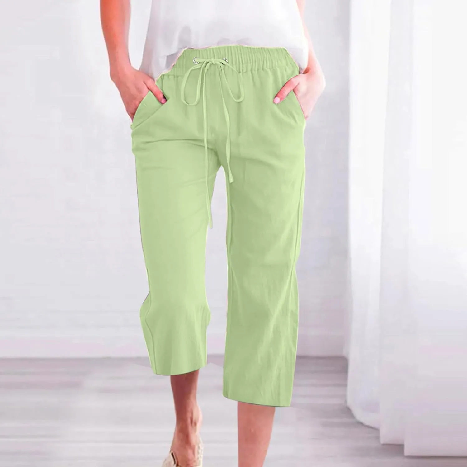 FZYLQY Capri Pants for Women Casual 2025 Summer Drawstring Elastic High Waist Linen Pants Straight Wide Leg Cropped Trousers