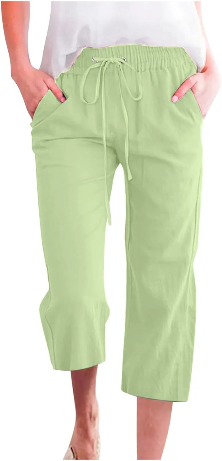 FZYLQY Capri Pants for Women Casual 2025 Summer Drawstring Elastic High Waist Linen Pants Straight Wide Leg Cropped Trousers