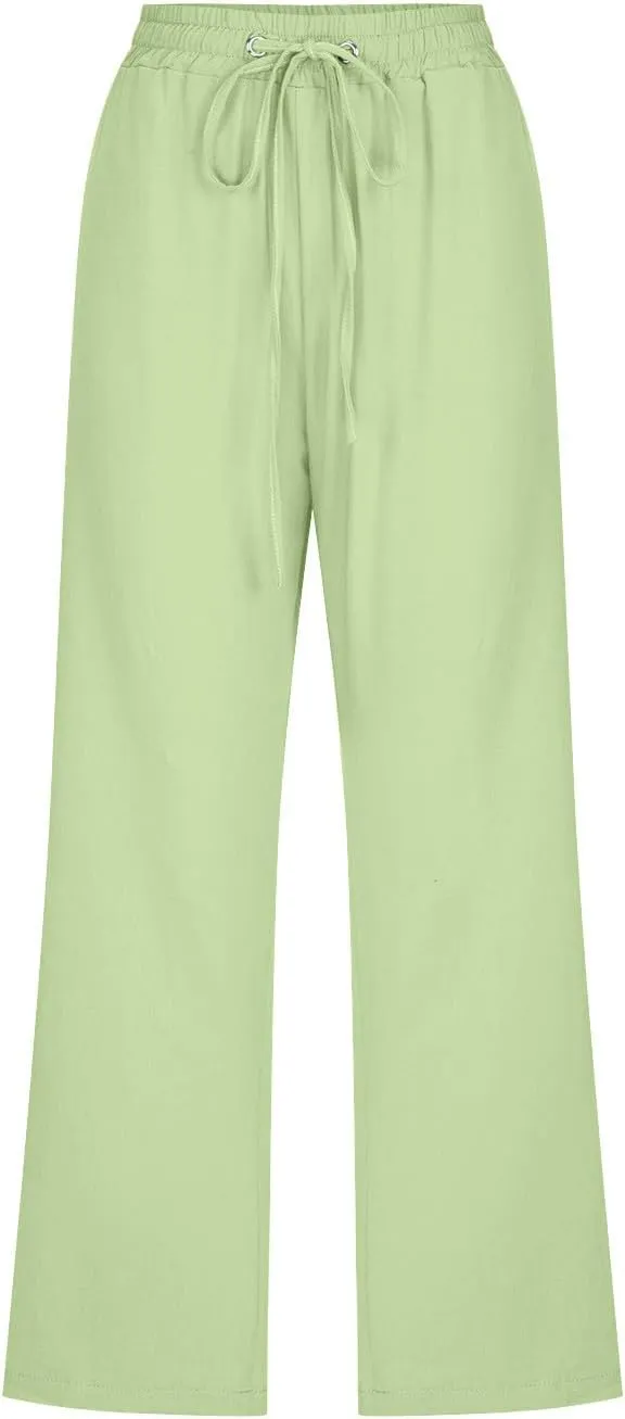 FZYLQY Capri Pants for Women Casual 2025 Summer Drawstring Elastic High Waist Linen Pants Straight Wide Leg Cropped Trousers