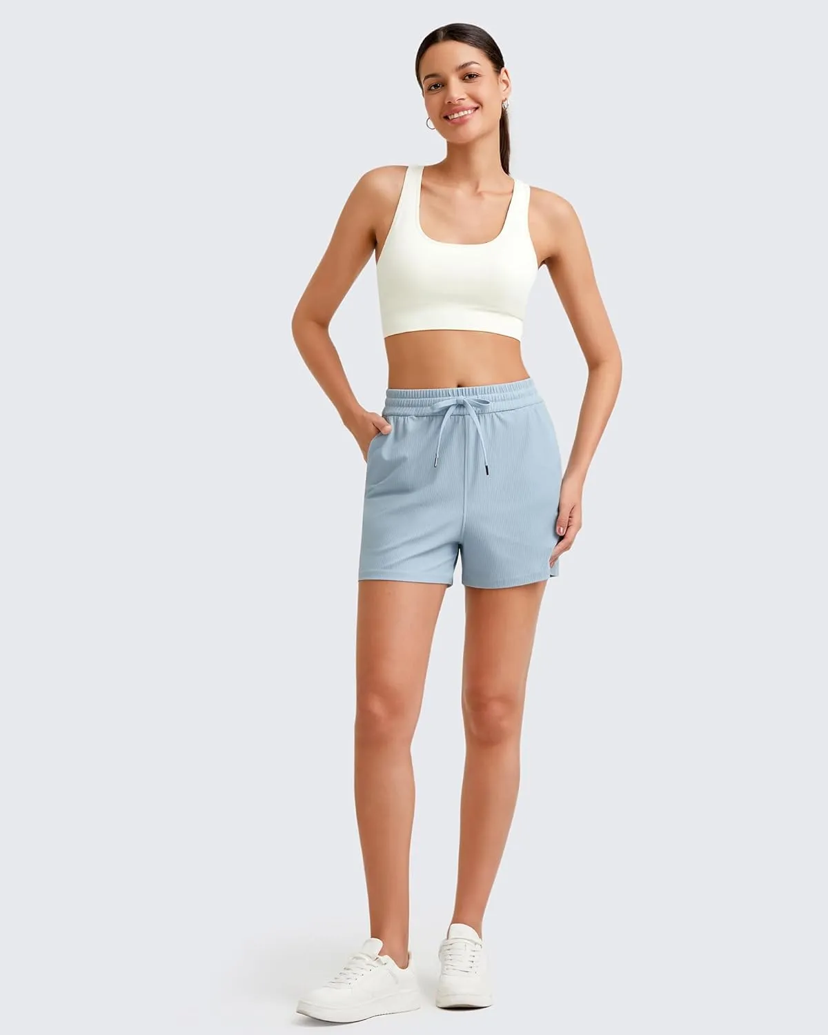 G4Free Ribbed Womens Athletic Shorts High Waisted Drawstring Gym Running Shorts with Pockets