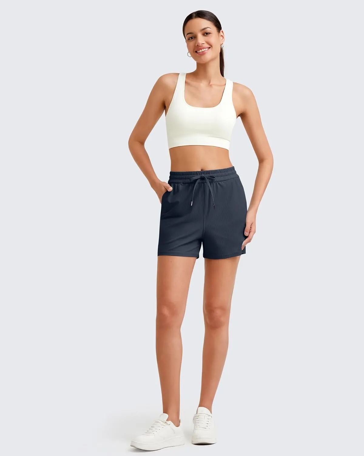 G4Free Ribbed Womens Athletic Shorts High Waisted Drawstring Gym Running Shorts with Pockets