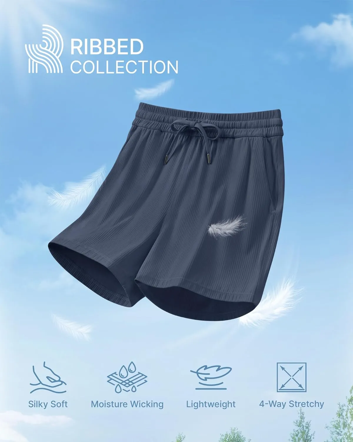 G4Free Ribbed Womens Athletic Shorts High Waisted Drawstring Gym Running Shorts with Pockets
