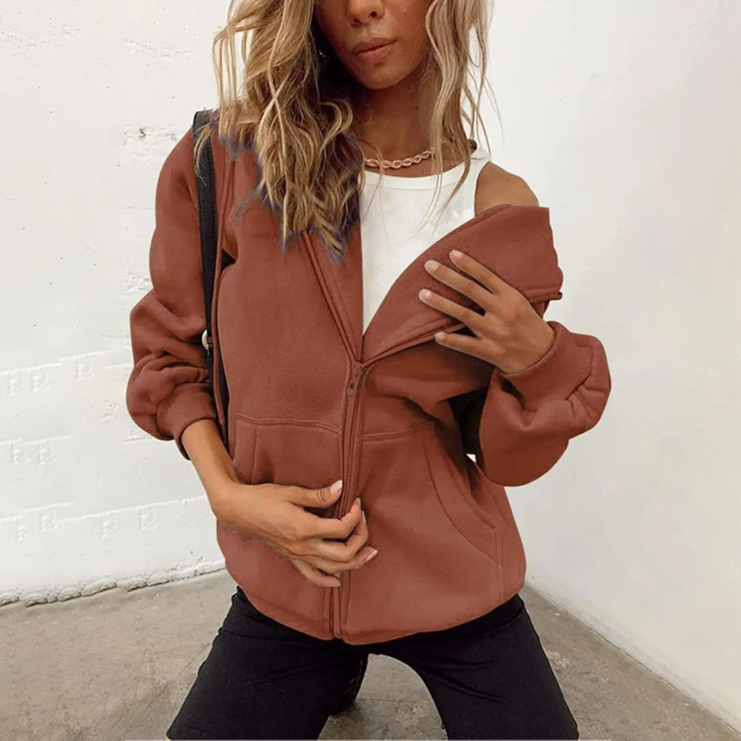 GIERIDUC Womens Zip Up Hoodies Long Sleeve Fall Oversized Sweatshirts Fleece Y2K Jacket with Pockets Trendy Fashion Clothes