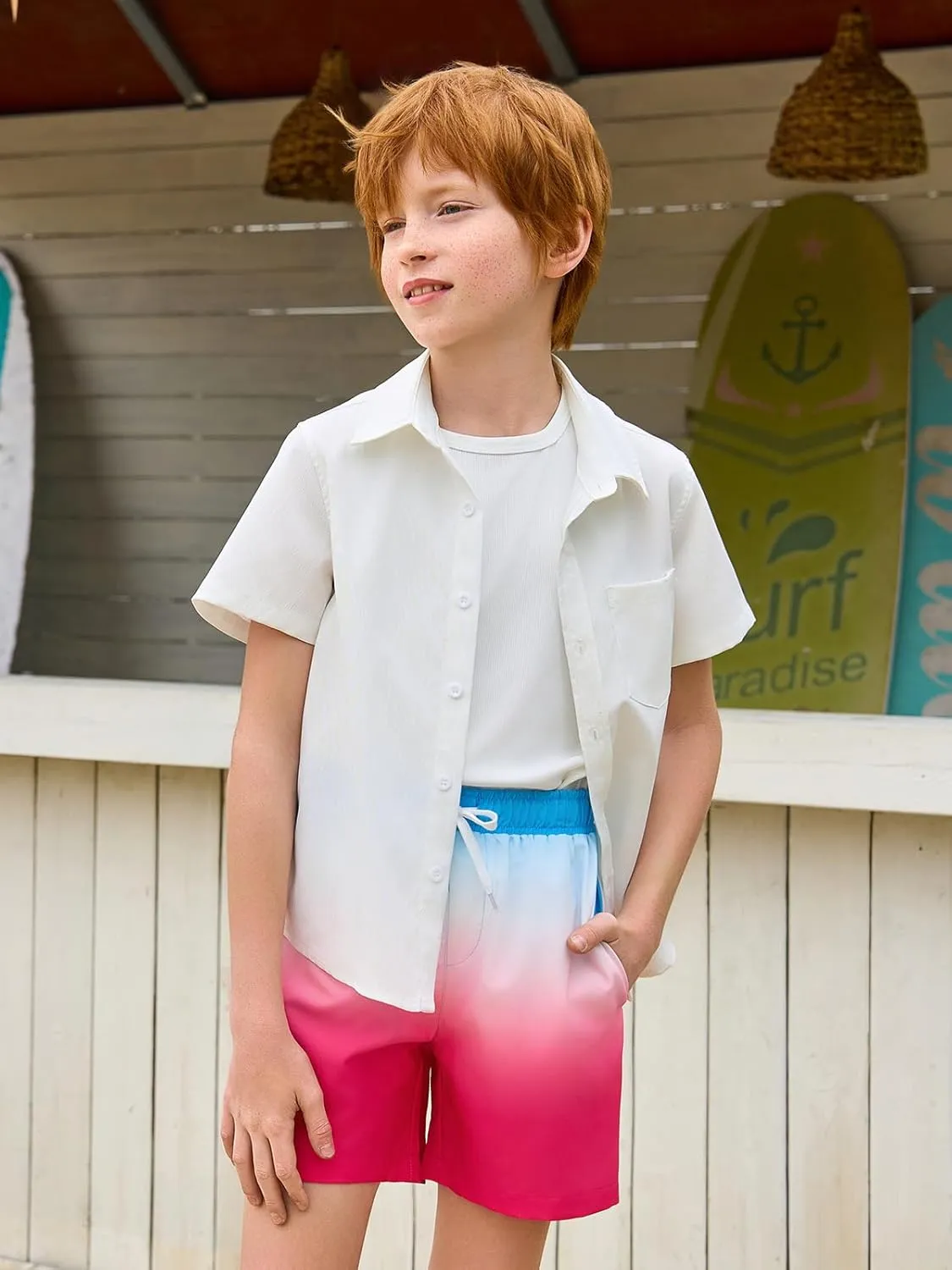Haloumoning Boys Swim Trunks with Boxer Brief Liner Kids Gradient Quick Dry Swimming Shorts 5-14 Years