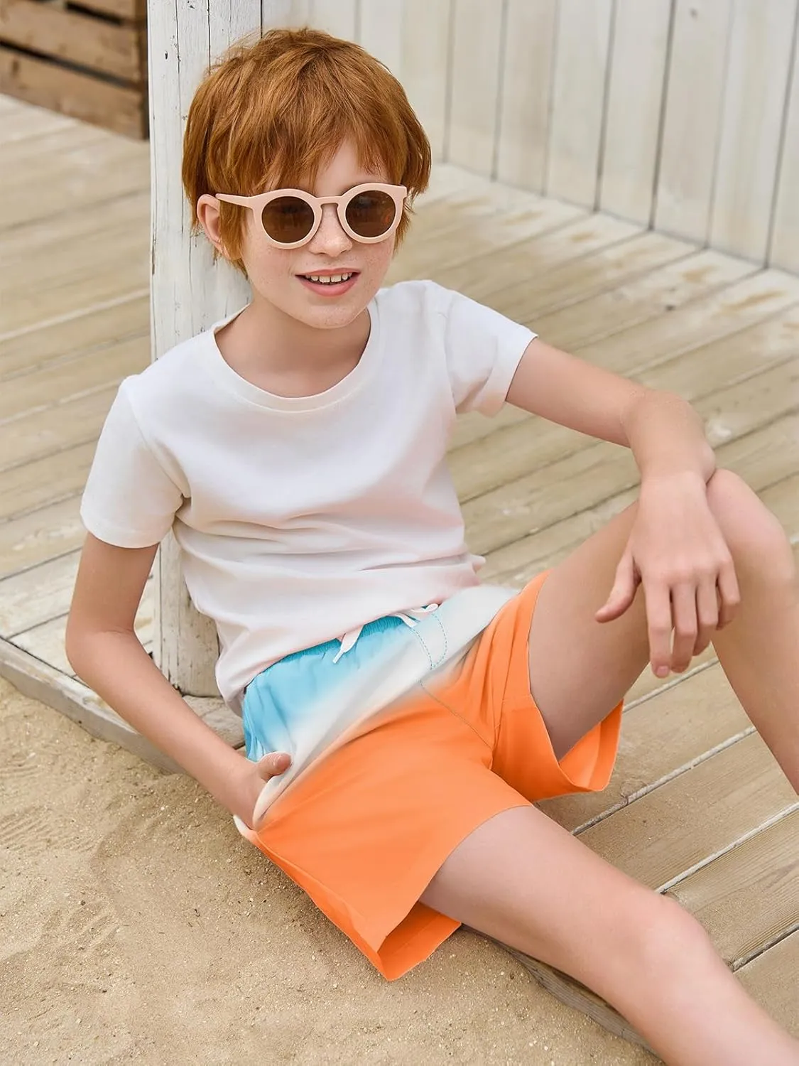 Haloumoning Boys Swim Trunks with Boxer Brief Liner Kids Gradient Quick Dry Swimming Shorts 5-14 Years