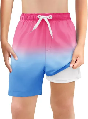 Haloumoning Boys Swim Trunks with Boxer Brief Liner Kids Gradient Quick Dry Swimming Shorts 5-14 Years