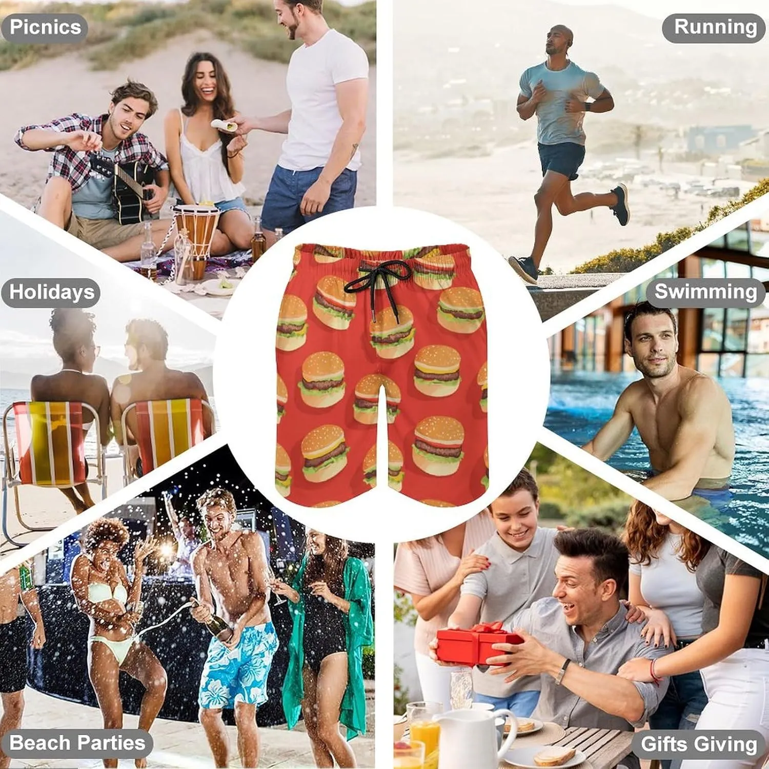 Hamburger Pattern Men's Athletic Running Shorts with Pockets Lightweight Beach Shorts Quick Dry