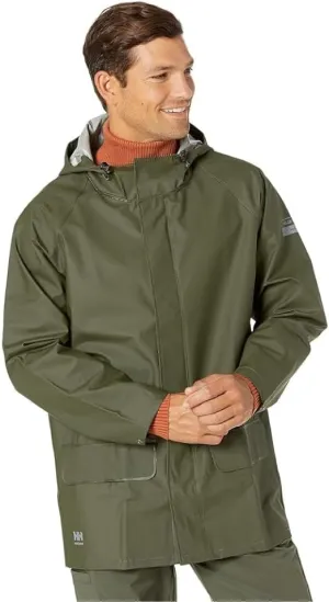 Helly-Hansen Workwear Mandal Adjustable Waterproof Jackets for Men - Heavy Duty Comfortable PVC-Coated Protective Rain Coat, Army Green - 2XL