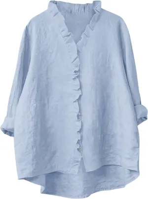 HGps8w 3/4 Sleeve Linen Shirts for Women 2025 Summer Ruffle V Neck Leisure Tops Loose Casual Tunic Tees Blouses